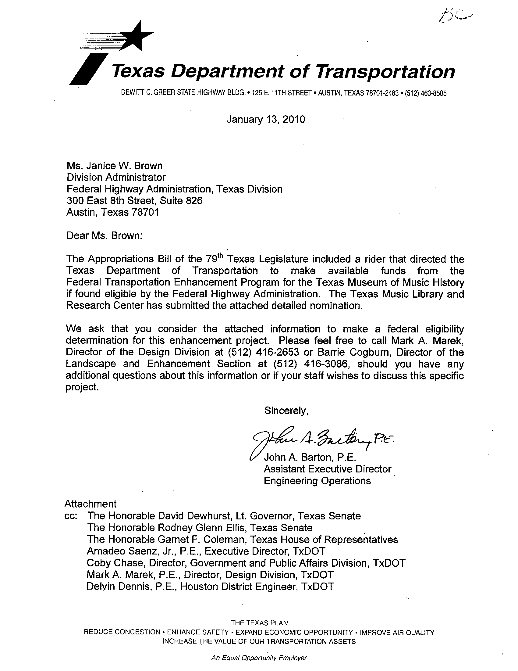 Texas D.O.T. -nomination-letter