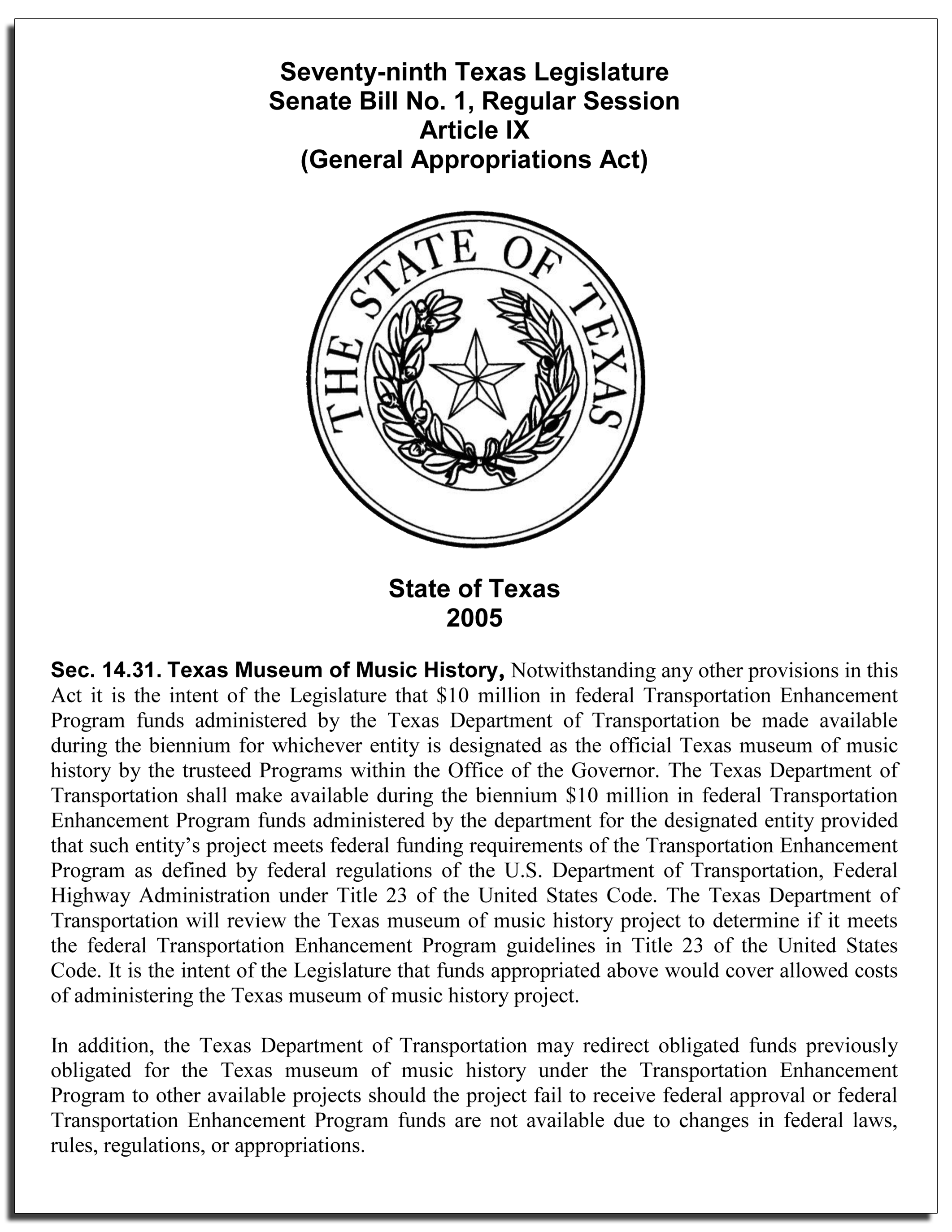TEXAS MUSIC HALL OF FAME general-appropriations-act